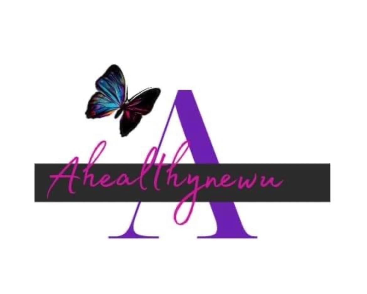 Large purple A featuring a blue butterfly and pink cursive text reading 'Ahealthynewu' across it.